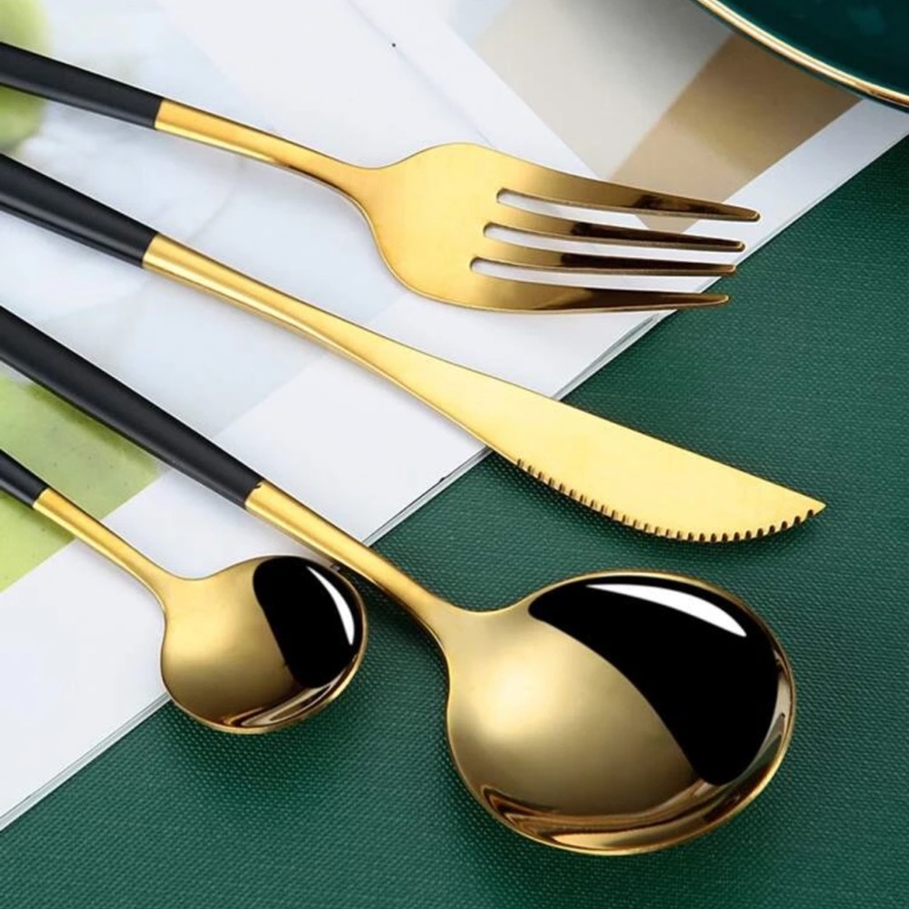 Stainless steel cutlery set 24 pc gold and black